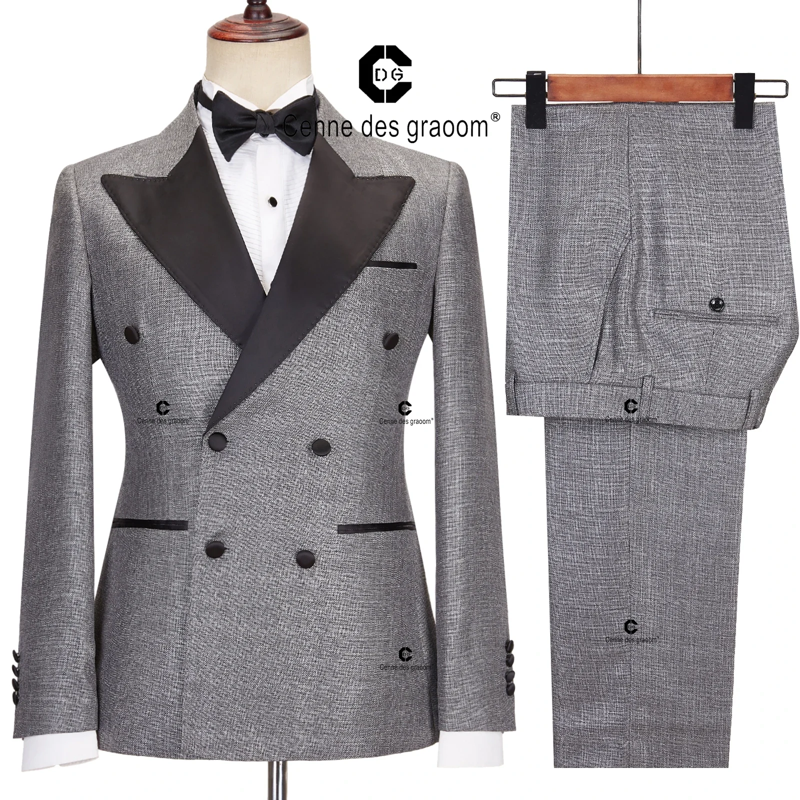 Men's Suits 2 Pieces Double Breasted Slim Fit Satin Lapel Solid Prom Tuxedos Wedding (Blazer+Pants)