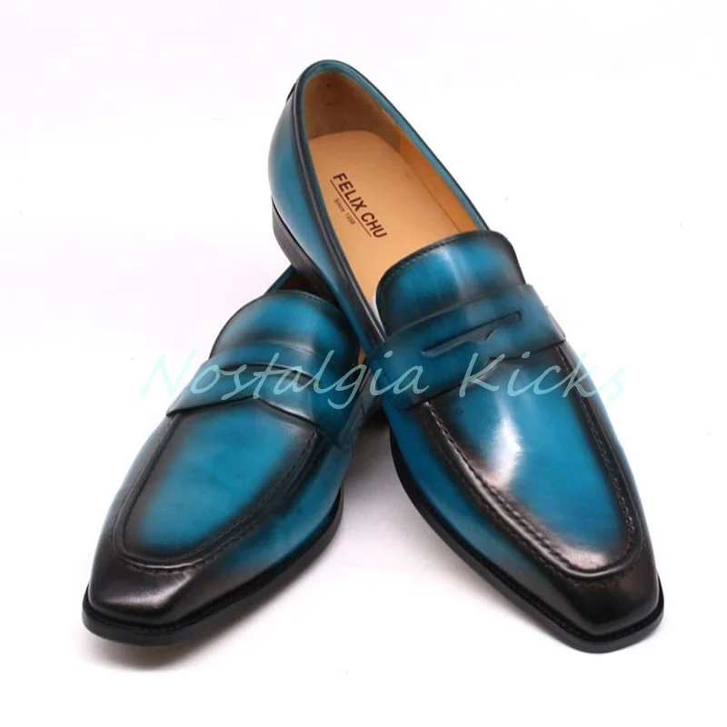 클래식 푸른색 그라데이션 정품 가죽 로퍼 캐주얼 슬립 온 모카신 남성 드레스 슈즈 레트로 소 가죽 옥스포드 신발