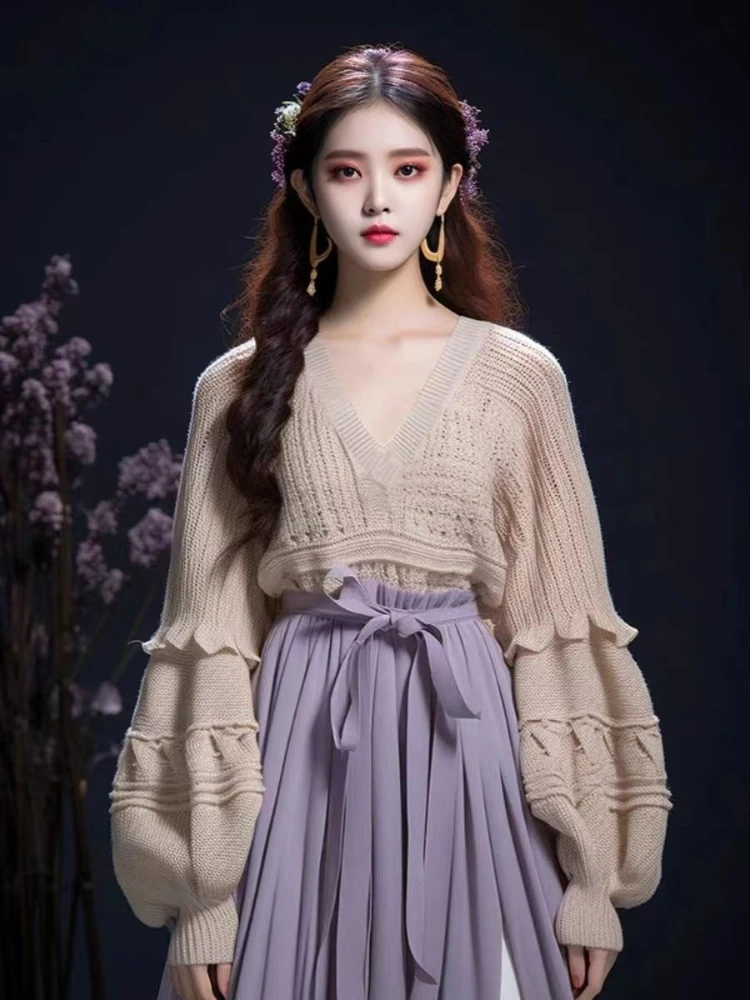 

Свободный свитер с v-образным вырезом + фиолетовая юбка, осенне-зимний новый вязаный комплект из двух предметов в китайском стиле для женщин