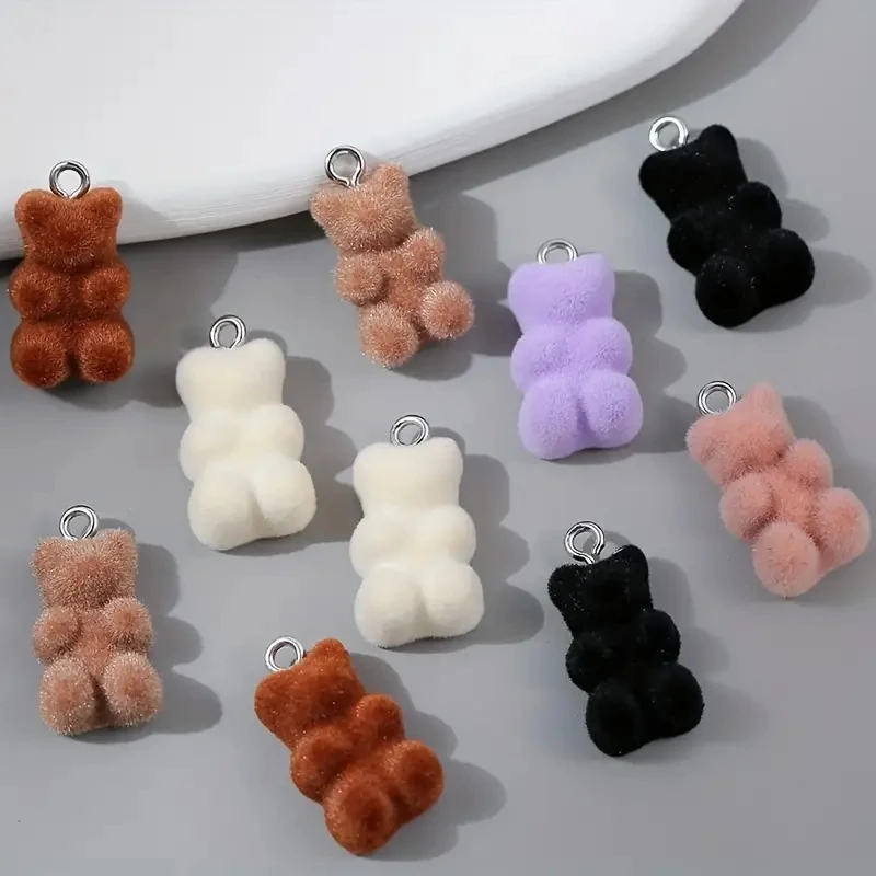 10pcs/lot Mixed Color Double-sided Flocked Plush Charms, Bear Resin Pendant, DIY Necklace Keychain For Jewelry Making Accessorie