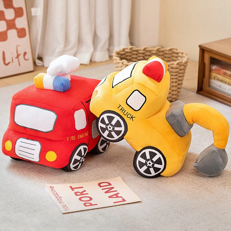 Simulation Cartoon Fire Engine Excavator Plush Toys Stuffed Doll for Kids Baby Hug Home Decoration Pillow Birthday Gifts