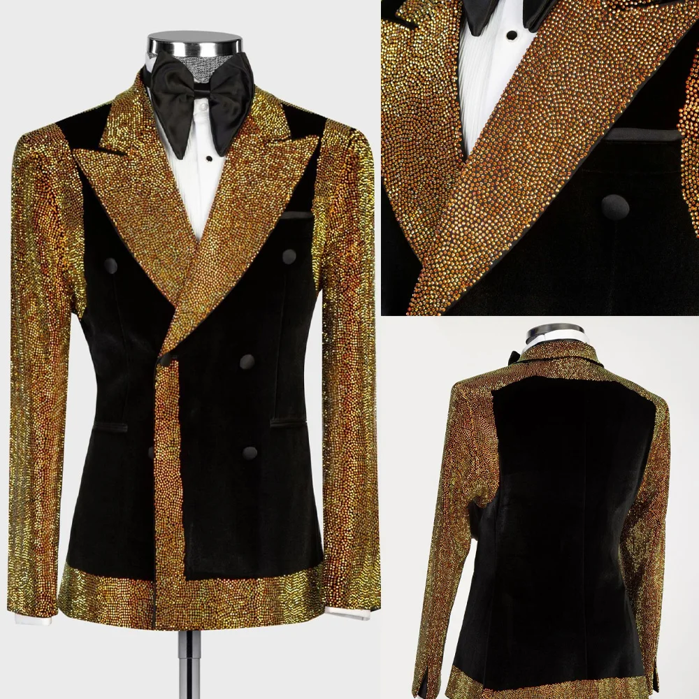 

Men Suits Tailor-Made 2 Pieces Blazer Double Breasted Diamonds Beaded Sheer Lapel Business Wedding Tuxedos Plus Size Customized