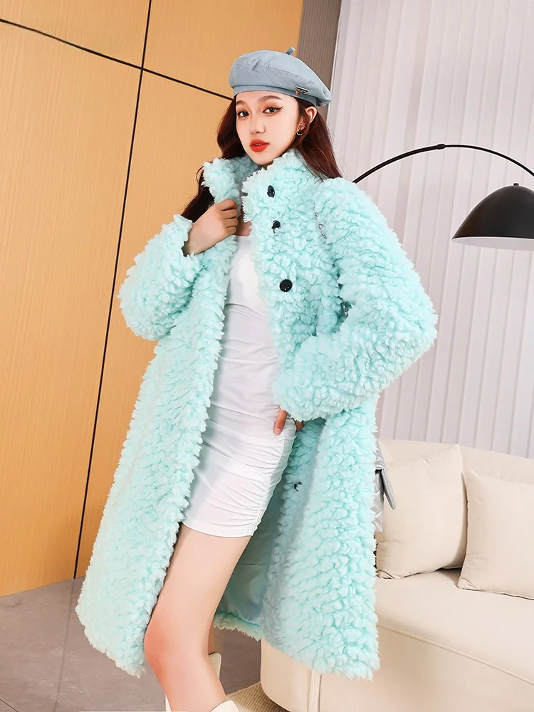 

Nerazzurri Blue Faux Fur Long Coat Young Style Stand Collar Simulation Animal Skin Jacket Women's Outerwear Korean Style