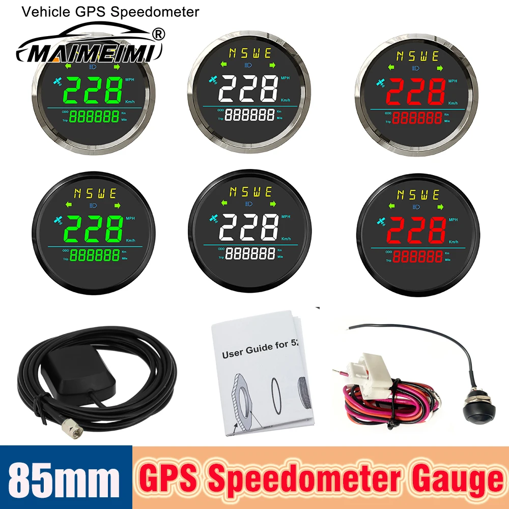 

85mm GPS Speedometer Odometer Adjustable Trip MPH KMH Knots Boat Car Outboard Engine Compass White & Green & Red LED Speed Gauge