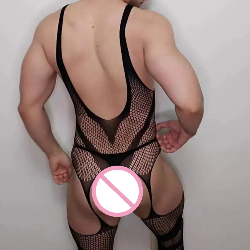 男性用透かし彫り網タイツボディ,セクシーな全身ジャンプスーツ,ボディストッキング,エロティックなランジェリー,レオタード,メッシュ,透明ロンパース