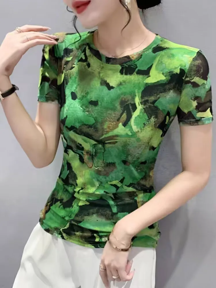 2024 High Quality Elegant Camouflage Female T-shirt Summer O-neck Woman S-3XL Short Sleeves Printed Striped High Street Smudge