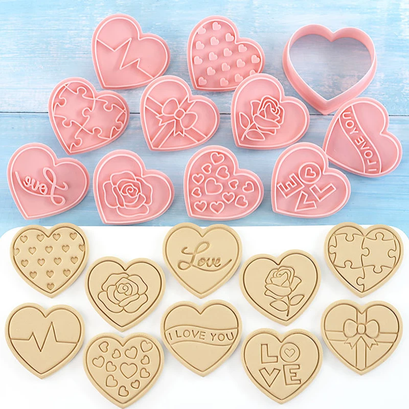 10Pcs Valentine's Day 3D Cookie Cutters, Heart Shaped Cookie Stamps DIY Press Molds Outdoor Tableware