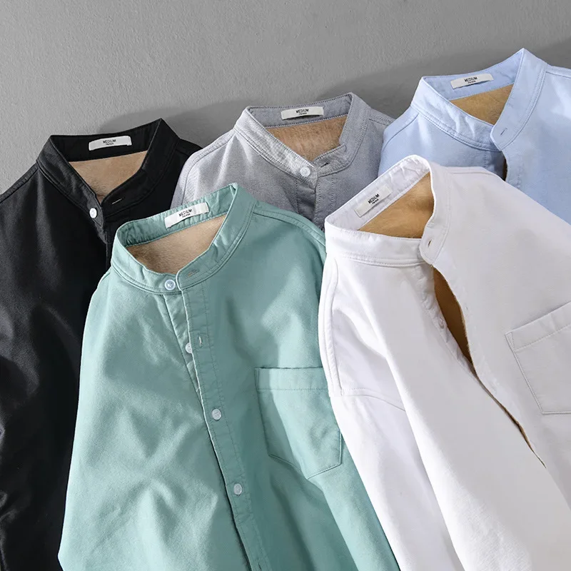 Korean Style Mens Winter Shirts Daily Casual Warm Man Shirts Oxford Fleece Top Solid Stand Collar Thicken Shirt Simple Clothing