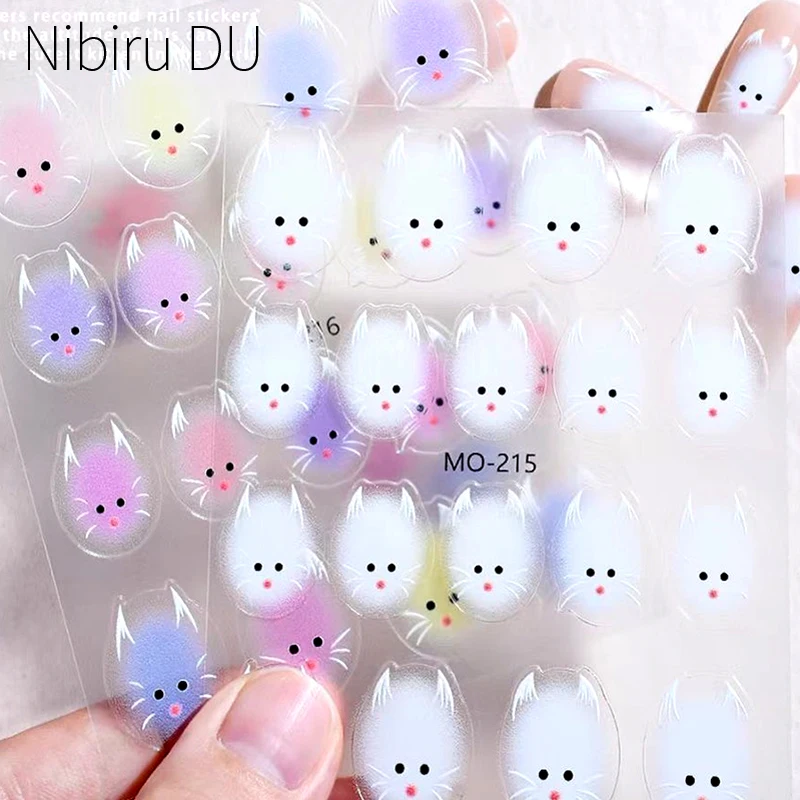 

Plush Cat Nail Art Stickers Colorful White Animal Design Cute Cartoon Adhesive Sliders Japanese Style DIY Charm Manicure Decor