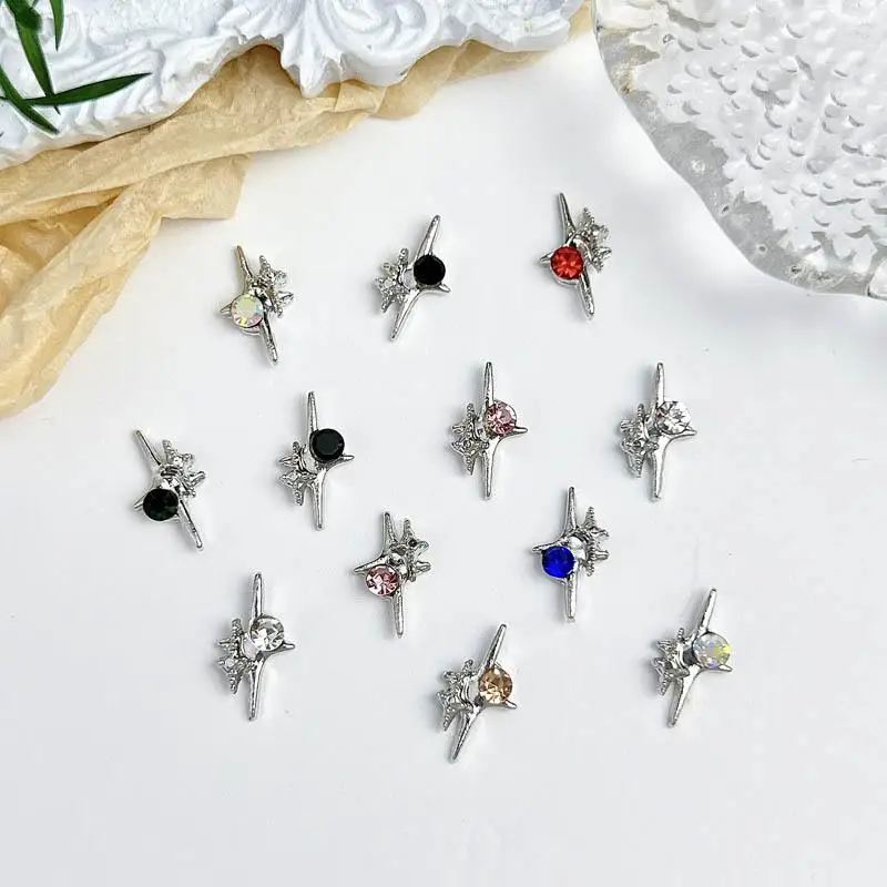 10PCS 3D Light Luxury Alloy Four Pointed Star Nail Art Decoration Cross Star Glass Rhinestone Inlaid Nail Charms Accessories DIY