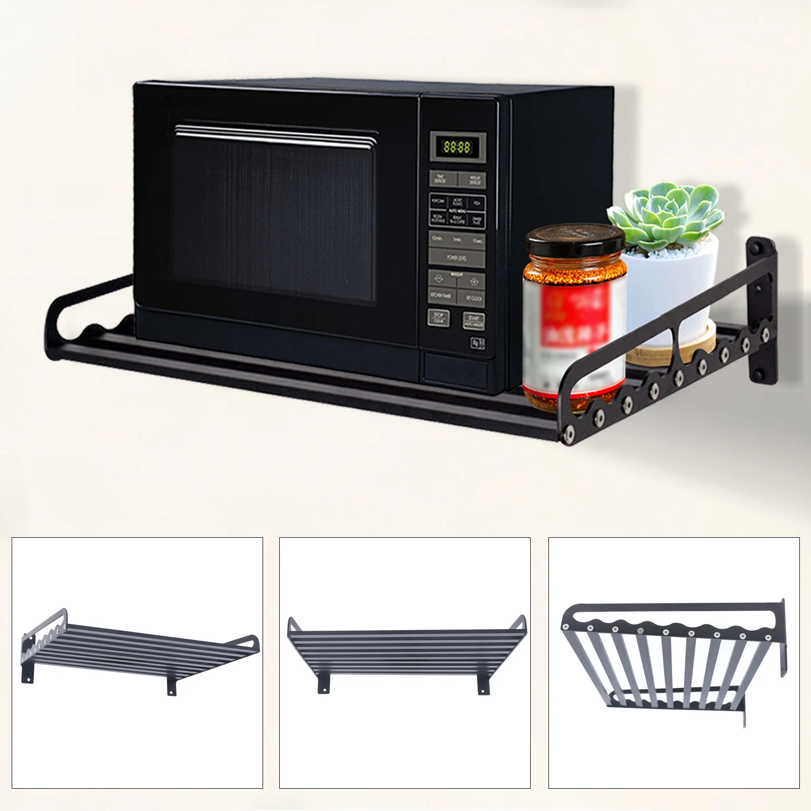 

Black Wall Mount Microwave Oven Bracket Wear-Resistant Kitchen Storage Shelf Cooker Holder Condiments Rack Rustproof Waterproof