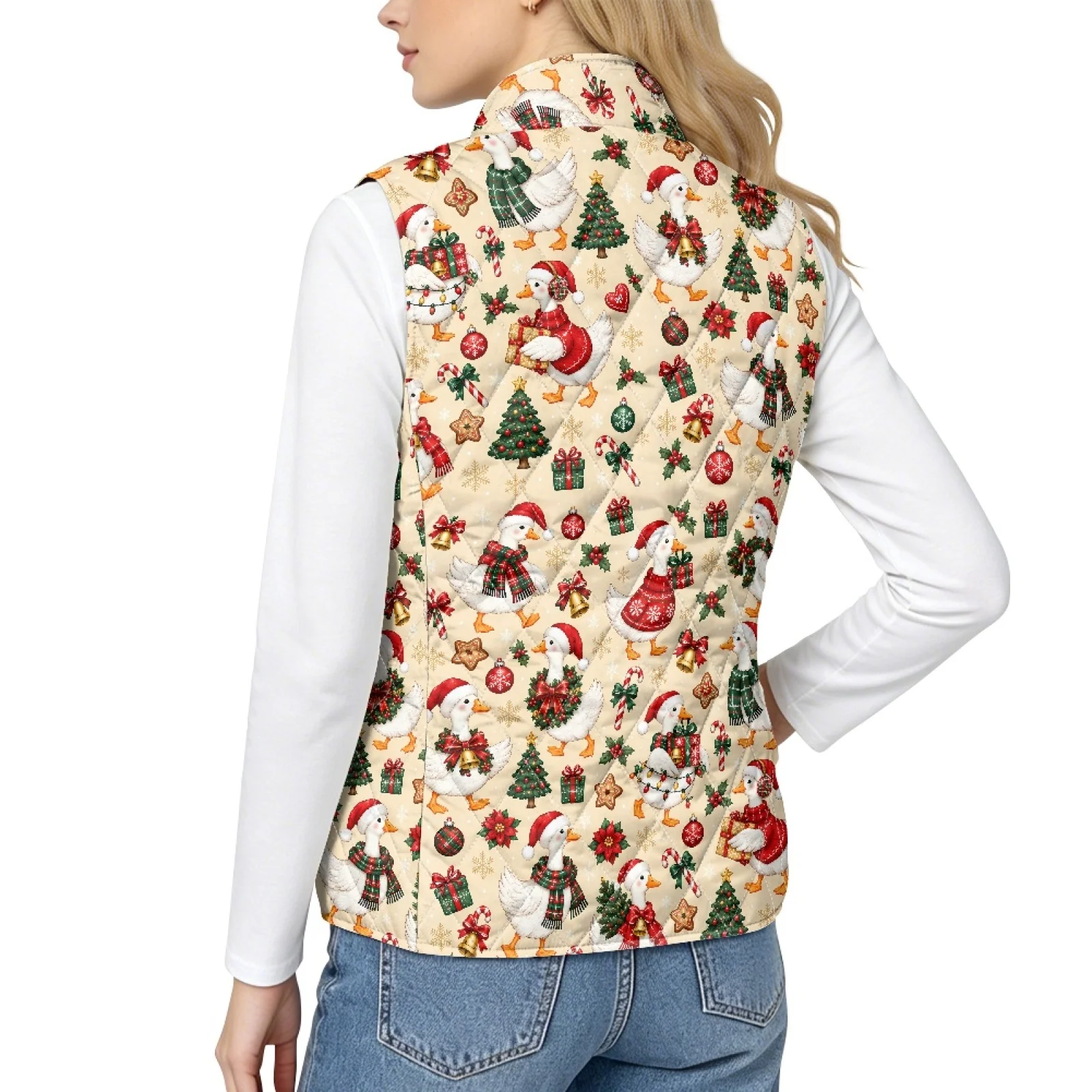 PENSTROLL Christmas Goose Print Women's Quilted Vest Lightweight Equestrian Vest Women Zip up Quilted Jacket Vest for Women