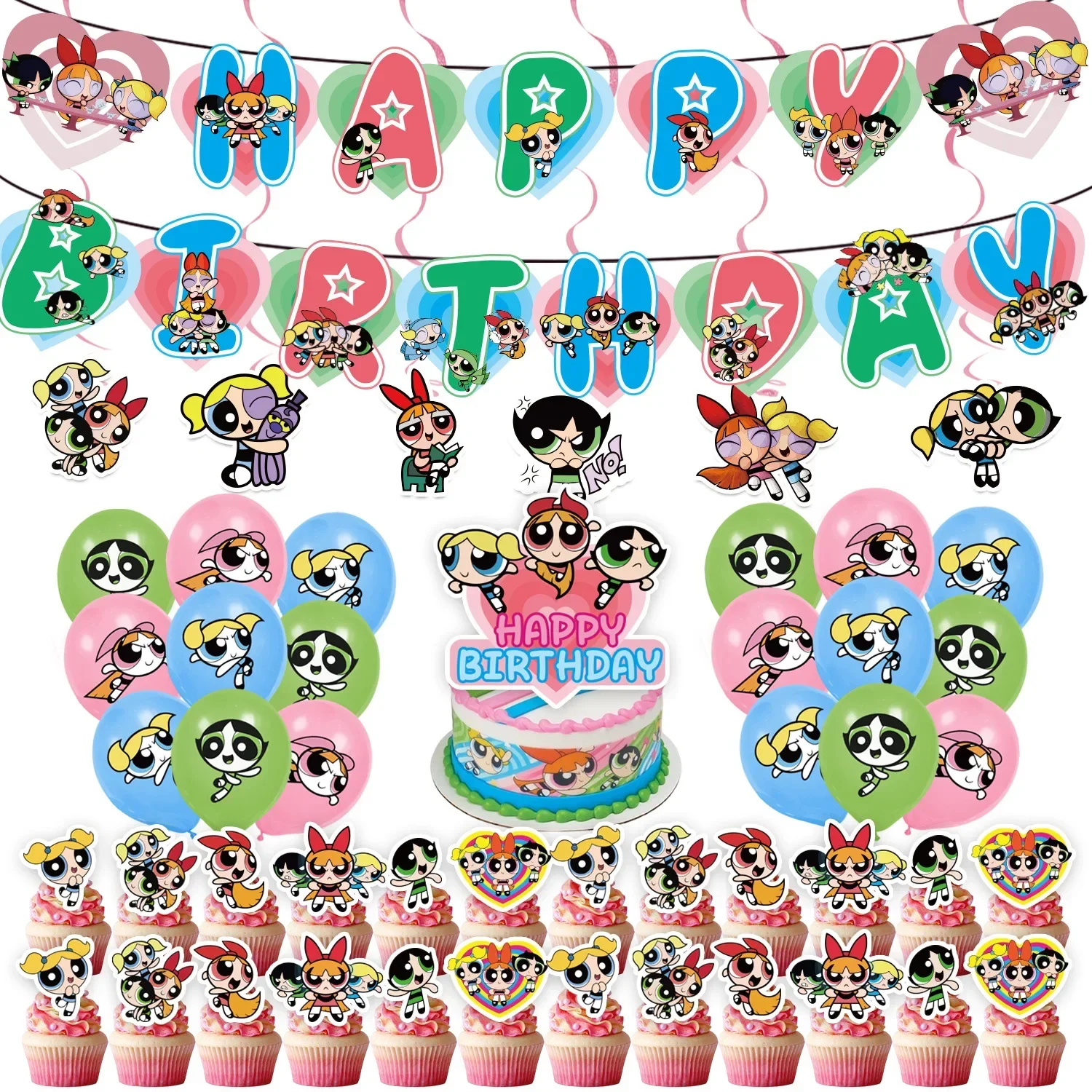 The Powerpuff Girls Birthday Party Dinnerware Jednorazowy baner Cake Topper Wisząca flaga Powerpuff Balony Dekoracja urodzinowa