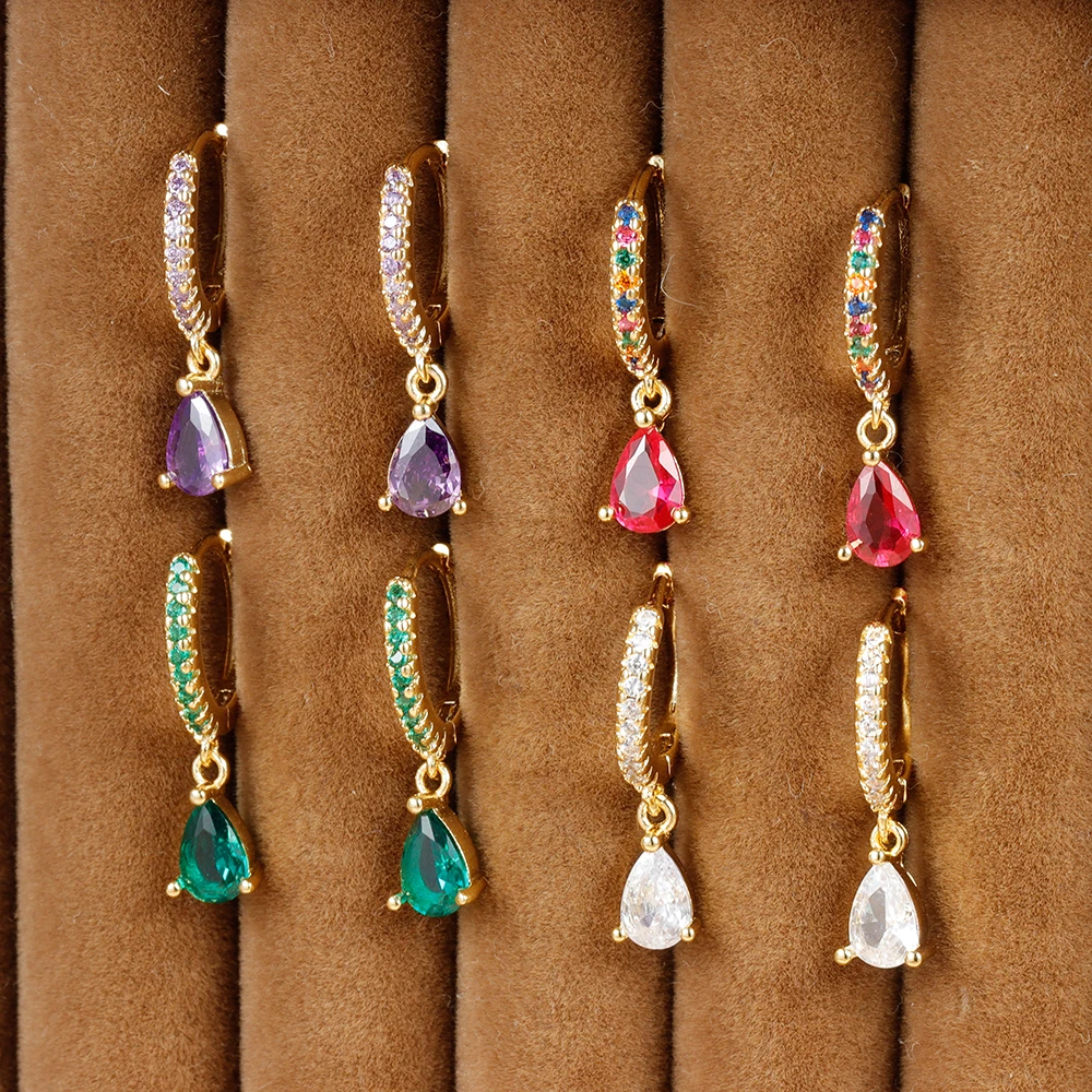 New Design Stainless Steel Small Hoop Earring for Women Colorful Zirconia Pendant Water Drop Piercing Earrings Fashion Jewelry