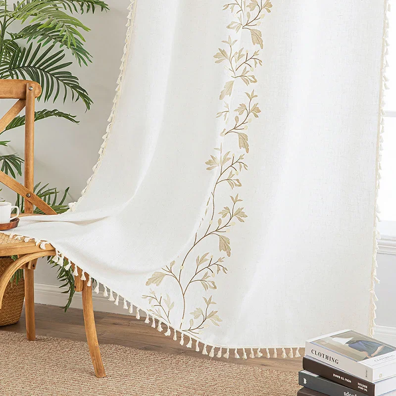 Boho Curtains Vintage Chic Fringes Living Room for Bedroom Embroidered Farmhouse Sliding Door Curtain for Dining Nursery Closet