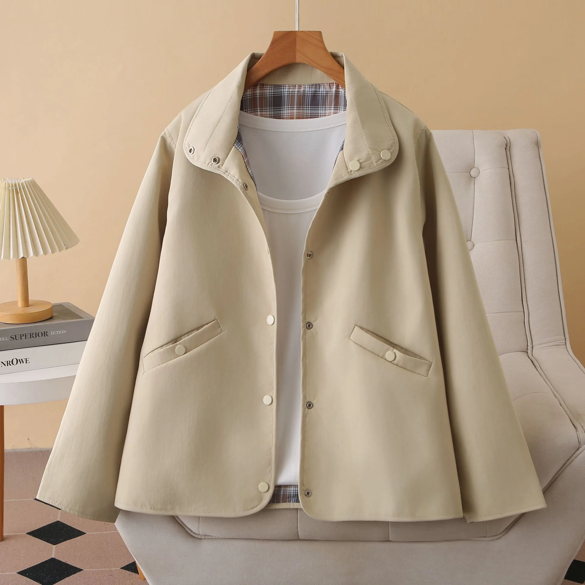 

Autumn Double-sided Wear Plaid Coat Women's Long Sleeved Fashion Cardigan Jacket Simple Lapel Single-breasted Windbreaker