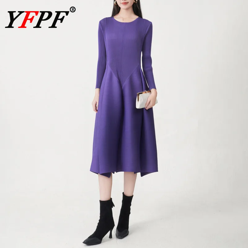 

YFPF элегантное вечернее платье женское Miyake плиссированное платье однотонного цвета с высокой талией трапециевидной формы длинные платья мода 2025 осенняя новая одежда