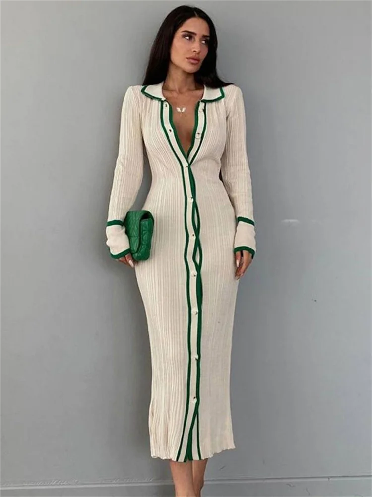 Patchwork Slim V-Neck Dress Cardigan For Women Contrast Long Sleeve High Street Maxi Dress Female Elegant Party Dress 2023