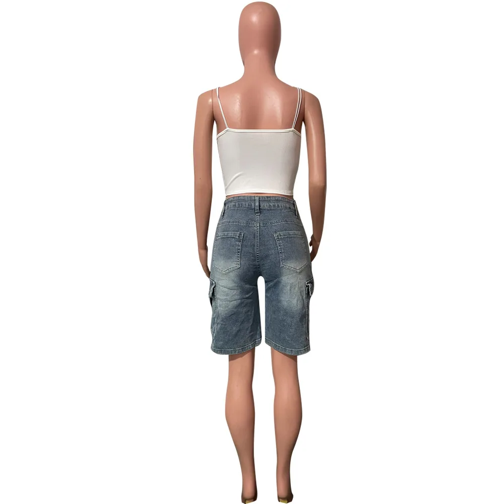 2025 Pantaloncini cargo in denim con tasche alla moda da donna estivi 2025, jeans corti al ginocchio elasticizzati a vita alta lavati, streetwear femminile casual