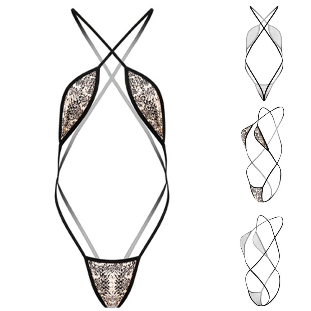 Women Sexy Lingerie Set Snakeskin Pattern Mini Bikini Bra T-back Super Mini G-string Siamese Thong Halter Neck Swimwear Lingerie