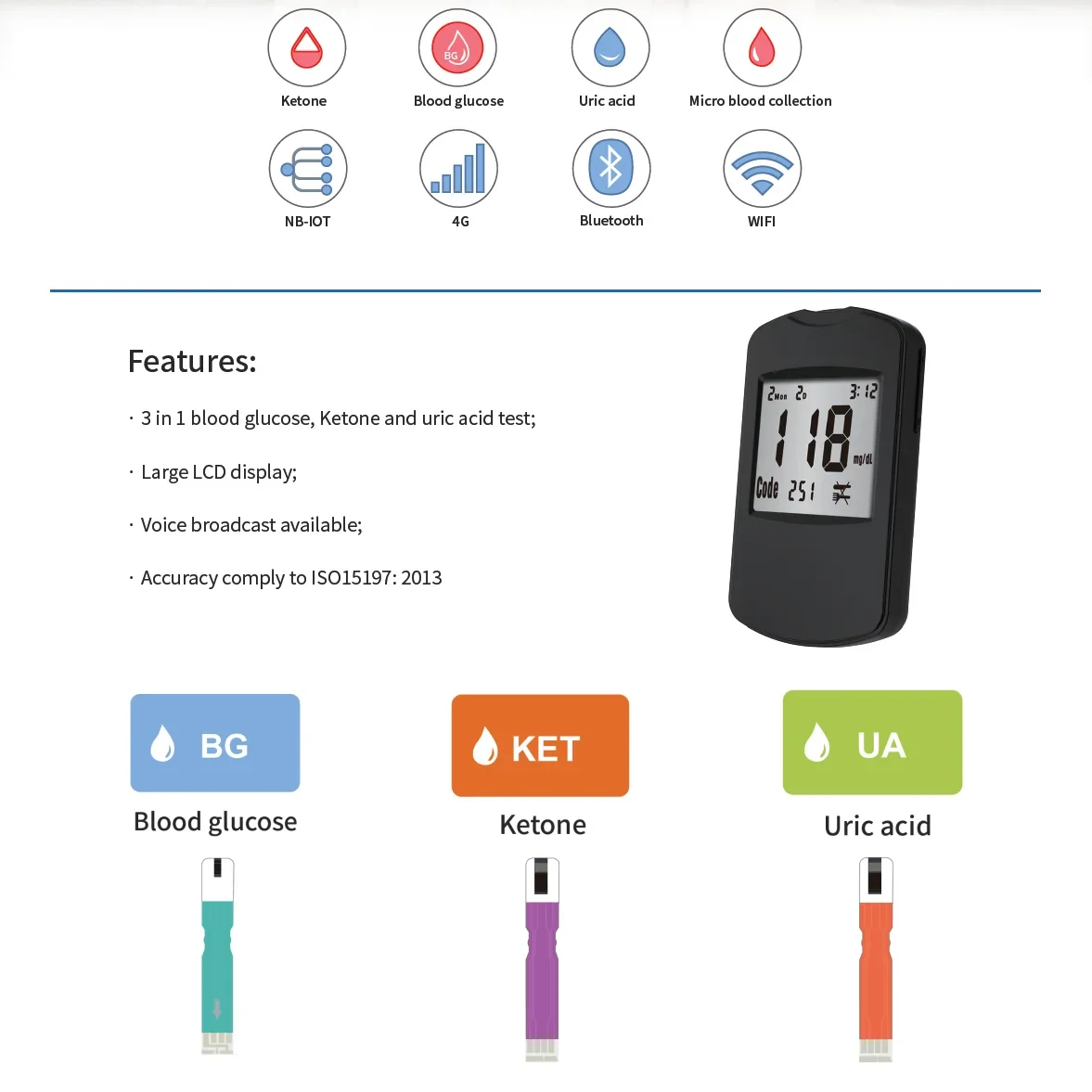 Blood glucose Ketone And Uric acid Test Large LCD display Meter Glucometer Kit Diabetes Blood Ketone Tester 3 in1 Multifunction