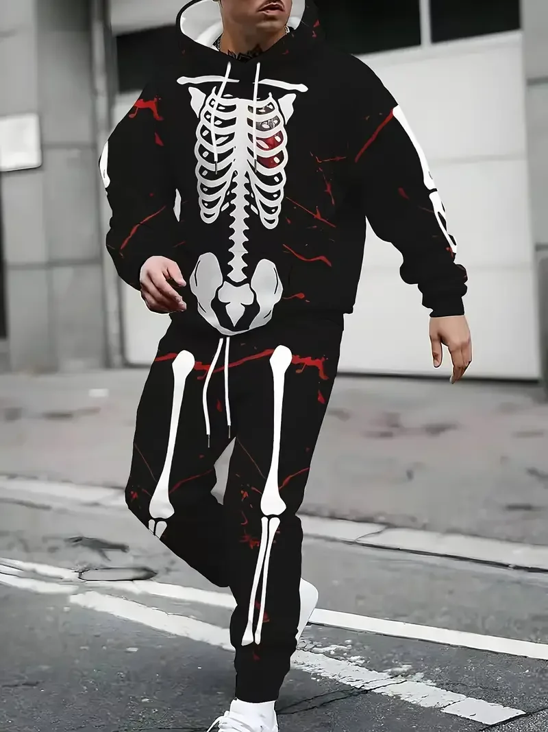 

Men's 3D Skeleton Print Hoodies 2-Piece Hooded Sweatshirt Sweatpants Set Autumn/Winter Halloween Casual Outdoor Tracksuit Outfit