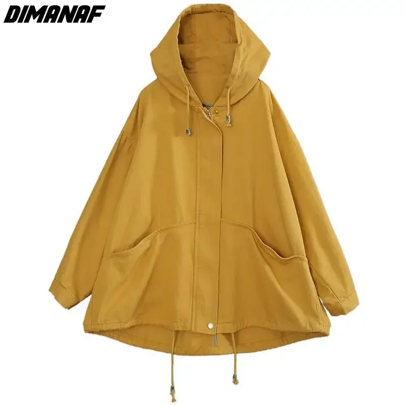 DIMANAF Plus Size Women Jackets Coats Loose Casual Cotton Hooded Fashion Yellow Outerwear Women\'s Clothing Zipper