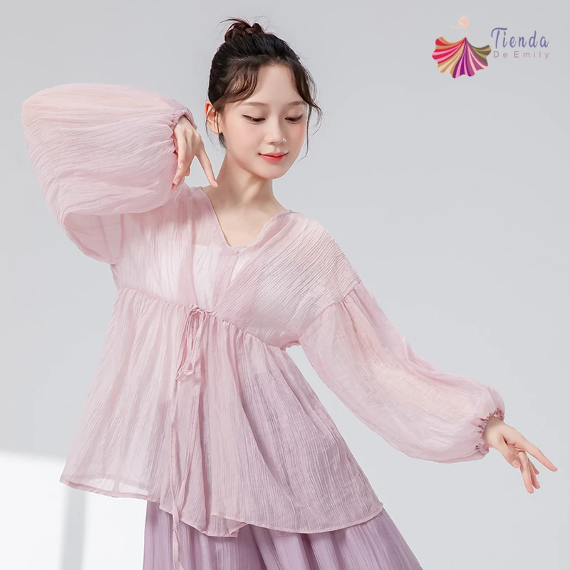 

Modern Dance Top Women Lantern Long Sleeve Loose Sheer Shirt Tie Front V-Neck Fashion Fairy Outfits Classical Practice Clothes