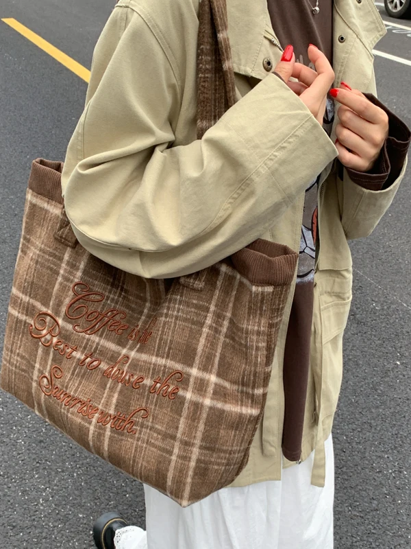 

Retro Plaid Tote Bag Women's Casual Korean Sle College Wind Large Capaci oulder Bag Autumn Winter New Arrival