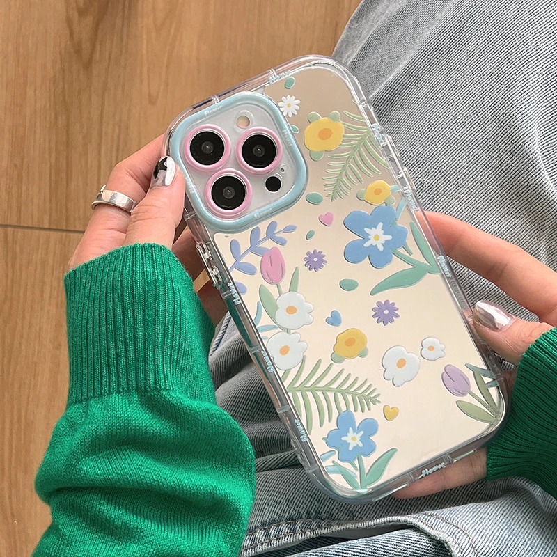 Mooie Bloemen Make-Up Spiegel Met Houder Standaard Case Voor Iphone 15 14 13 11 12 Pro Max Zachte Bumper Schokbestendige Hoes