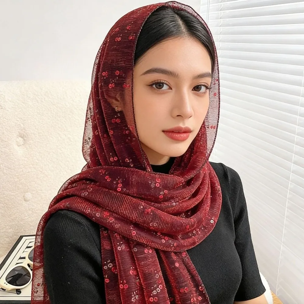 

Elegant Shining Sequins Shawl Breathable Thin Transparent Scarves Lightweight Solid Color Head Wrap Party Occasion
