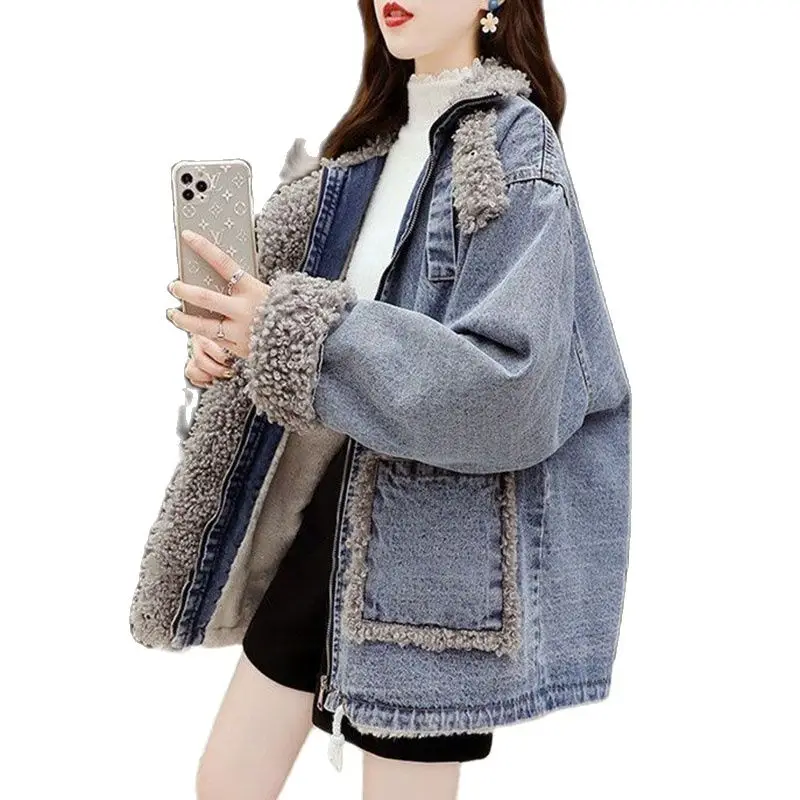 

2023 Autumn Winter Add Velvet Denim Jacket Female Medium Long Coat Wild Loose Keep Warm Korean Version Cotton Cowboy Women Tops