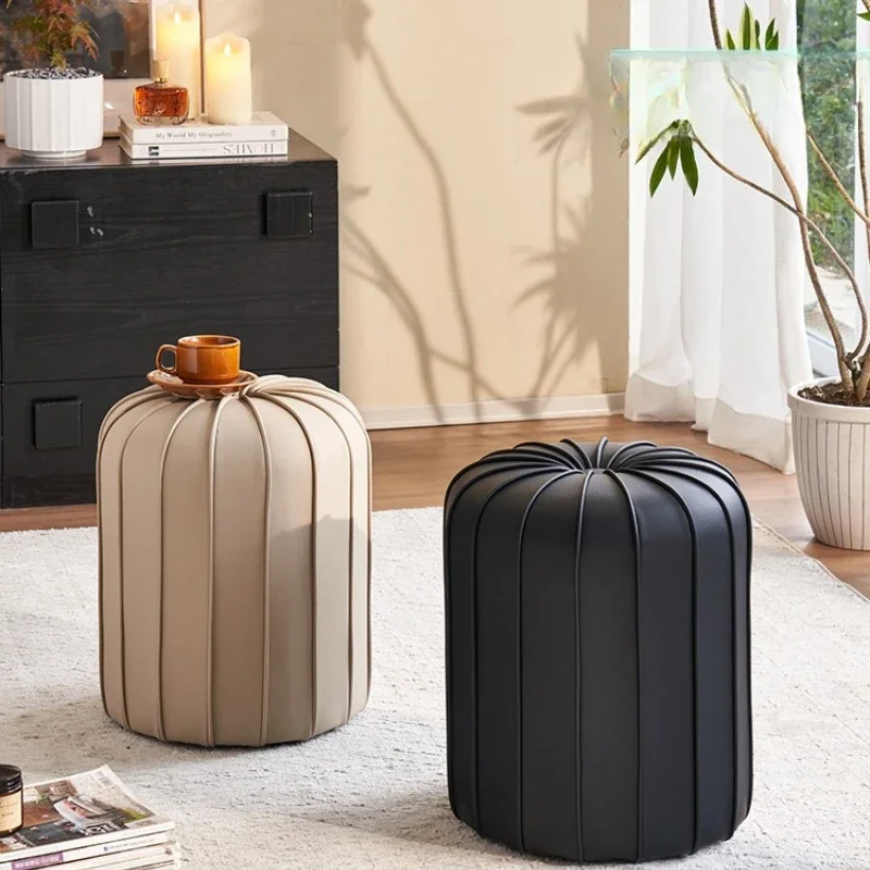 Leather stool round stool light luxury living room small high sense sofa solid wood creative