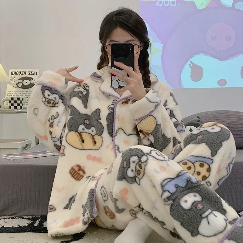 

Sanrio Kawaii Kuromi Anime Cartoon Flannel Pajamas Suit Winter Thickening Warm Comfort Home Wear Young Girl Birthday Gift Cute