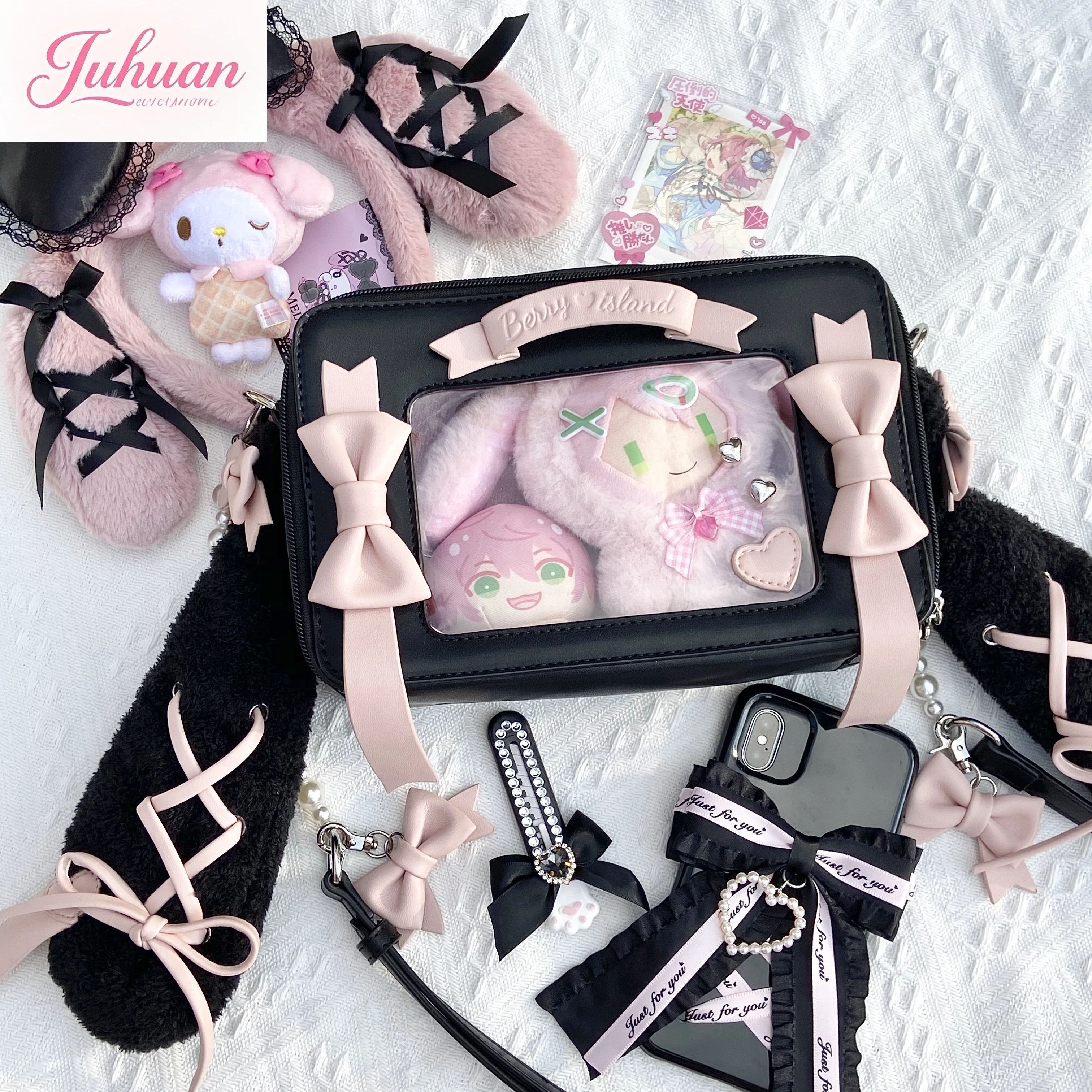 اليابانية لوليتا حقائب الفتيات الحلو القوس بولي PU حقائب كتف 2025 آذان أرنب طويلة Kawaii Crossbody lta حقيبة شفافة لطيف بولسا