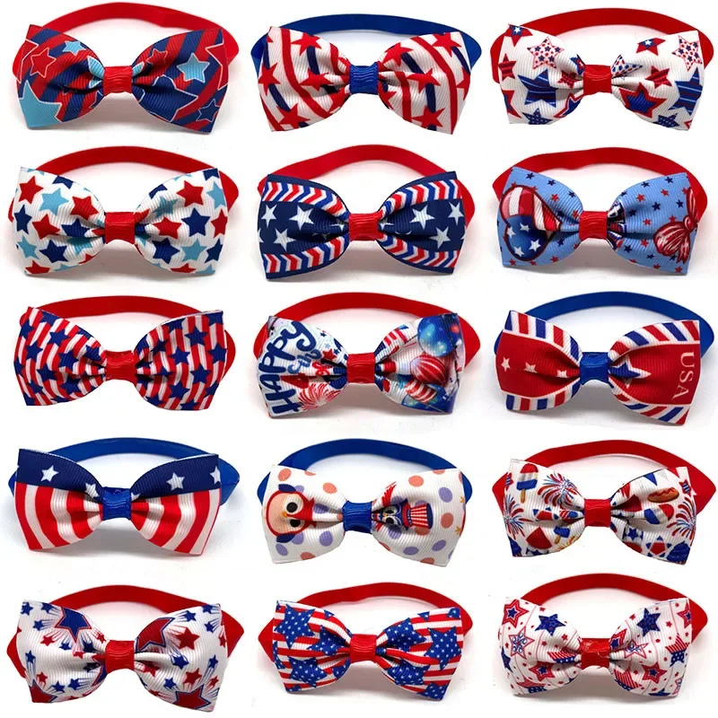 50pcs 4th of July Independence Days Dog Cat Bowties Pet Collars Puppy Small Dog Bows Pet Tie Grooming Accessories Supplie