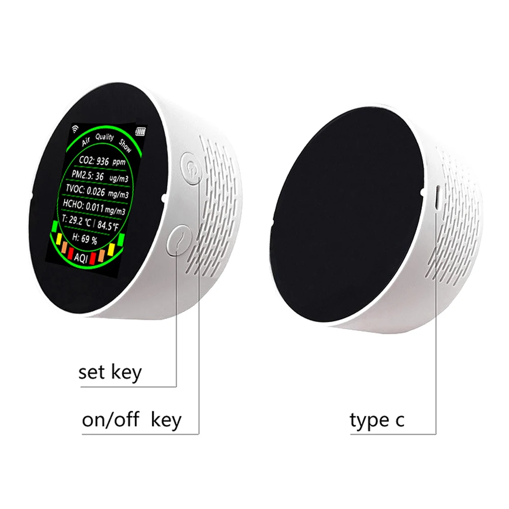Tuya Wifi 7in1 جودة الهواء متر PM2.5 CO2 TVOC HCHO AQI درجة الحرارة جهاز اختبار الرطوبة إنذار كاشف ثاني أكسيد الكربون عتبة
