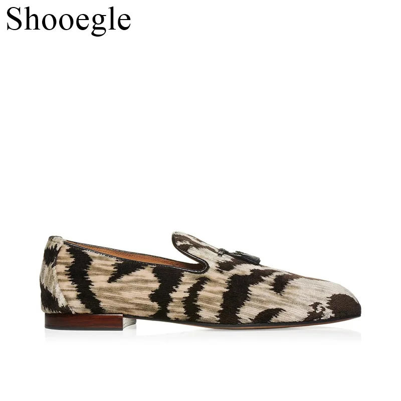 Tassels Leopard-print Low-heel Animal Print Pattern Loafers Foot Groove Design Party Wedding Office Casual Shoes Men