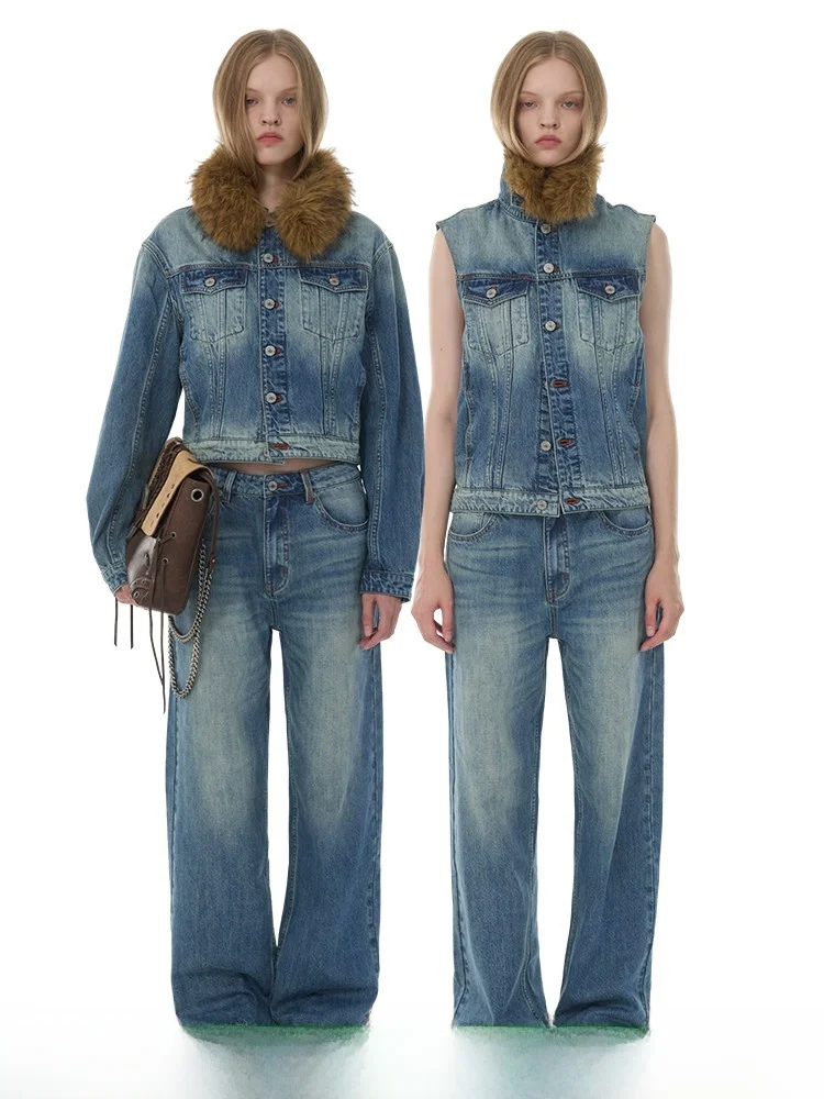 

Женский джинсовый жилет DNT в американском ретро-стиле с меховым воротником, осень 2025, новая модель, две версии, прямой крой, смесовая хлопковая ткань