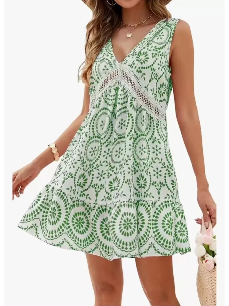 

Summer Elegant New Print Hollow Out Patchwork Mini Dress Sexy Lace V-Neck Sleeveless Loose Boho Beach Vacation Dresses For Women