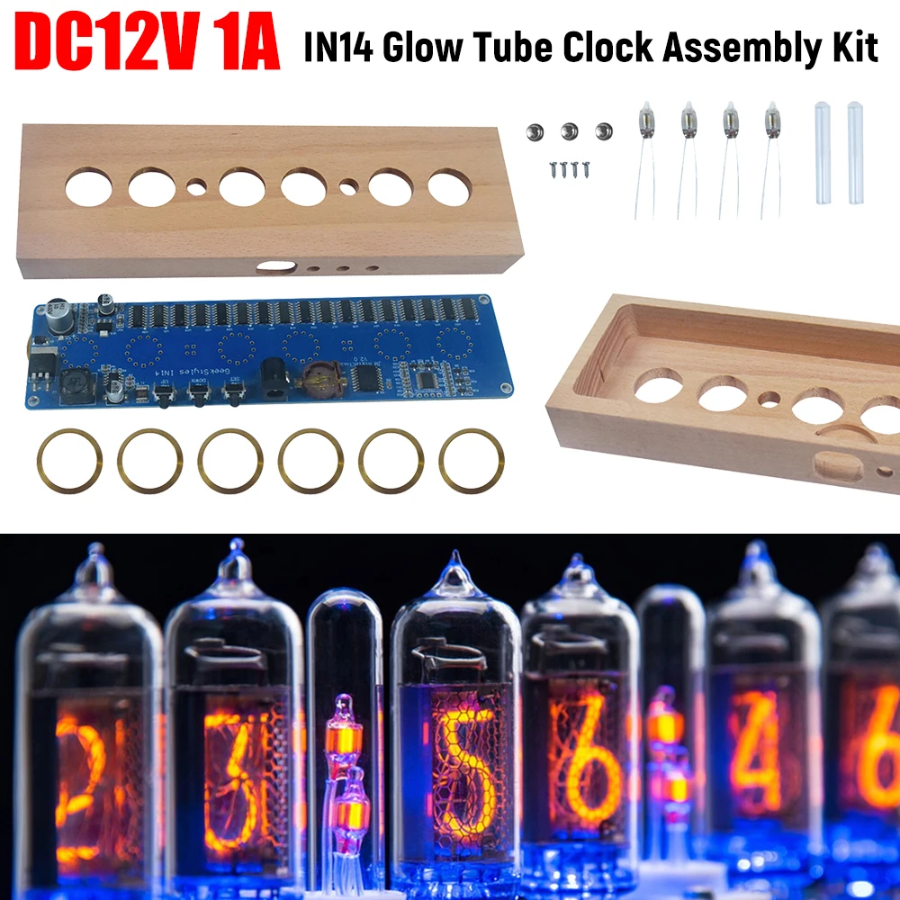 IN14 świecący zestaw montażowy zegarowy DC12V 1A bukowa powłoka z drewna IN14 Nixie Tube cyfrowy zegar LED elektroniczny zestaw do majsterkowania do