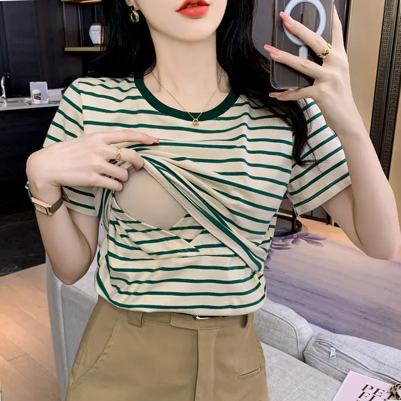 Sommer Mutterschaft Gestreiften Stillen T-shirts Oansatz Baumwolle T Shirt Postpartale Heiße Mama Pflege Kleidung Tees Stillzeit Tops T