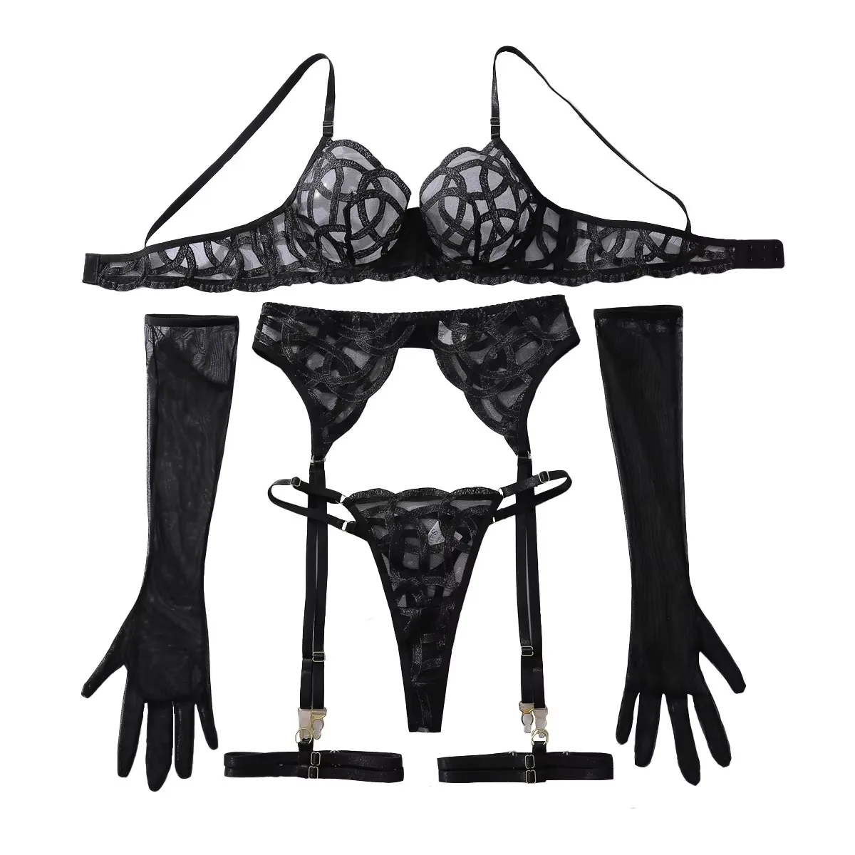 

MUZISKAT New Sexy Heavy Industry Complex Embroidery Perspective Slimming and Converging Adjustable Underwear Five Piece Set