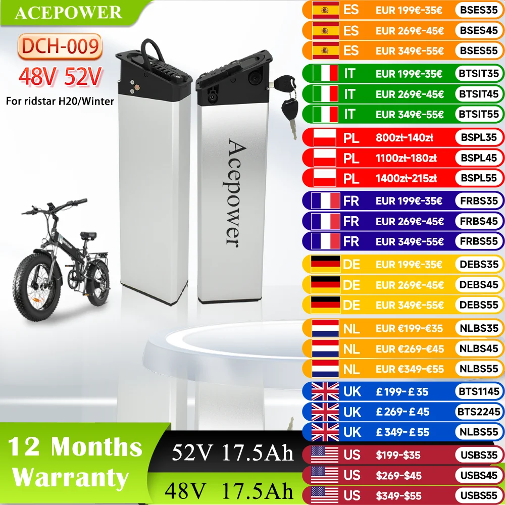

Аккумулятор для Ridstar Winter Ridstar H20 Ebike, 48 В, 13 Ач, 16 Ач, 17 Ач, 17,5 Ач, аккумулятор для складного велосипеда Ridstar Winter H20, ЕС, США