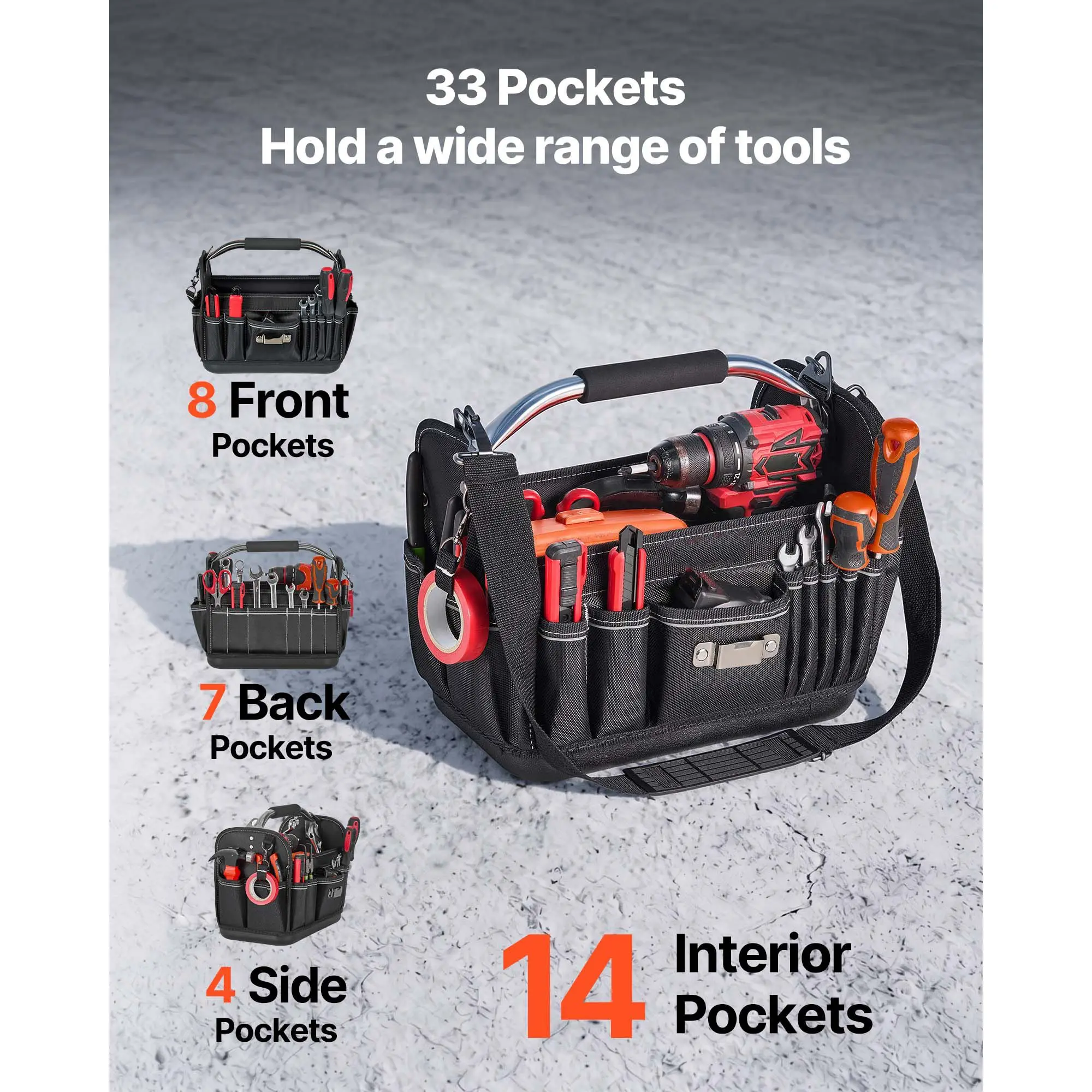 Tool Bag, 13 Inch, 33-Pocket Open Top Tool Tote, Portable Electrical Maintenance Toolbox Organizer Storage with Hard Plastic Base, Adjustable Shoulder Strap, for Professionals DIY & Jobsite Use