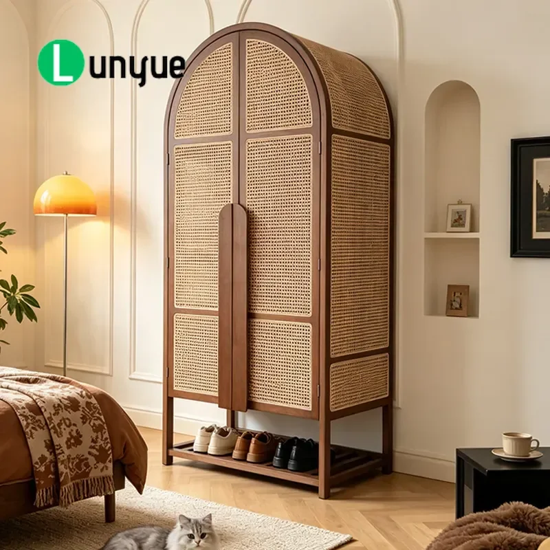 New Chinese Retro Solid Wood Wardrobe Wabi Sabi Rattan Double Door Closet for Hotel Suite Inn BnB Bedroom Furniture Storage