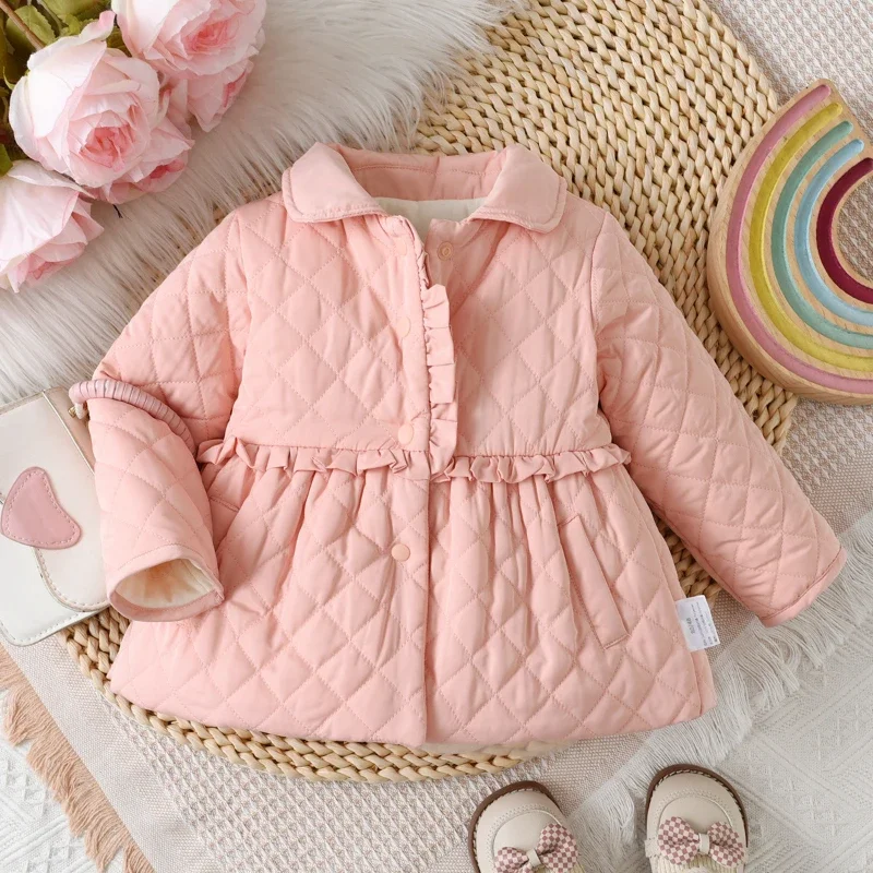 2024 Baby Kids Girls Clothes Korean Autumn Winter Jacket New Elegant Pink Rhombic Cute Fungus Side Clip Cotton Outerwear Coat