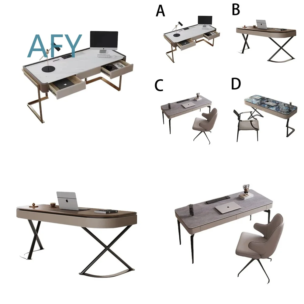 Minimalist Modern Desk for Home Office Solid Wood Writing Desk with Saddle Leather Top High End Computer Desk for Laptop