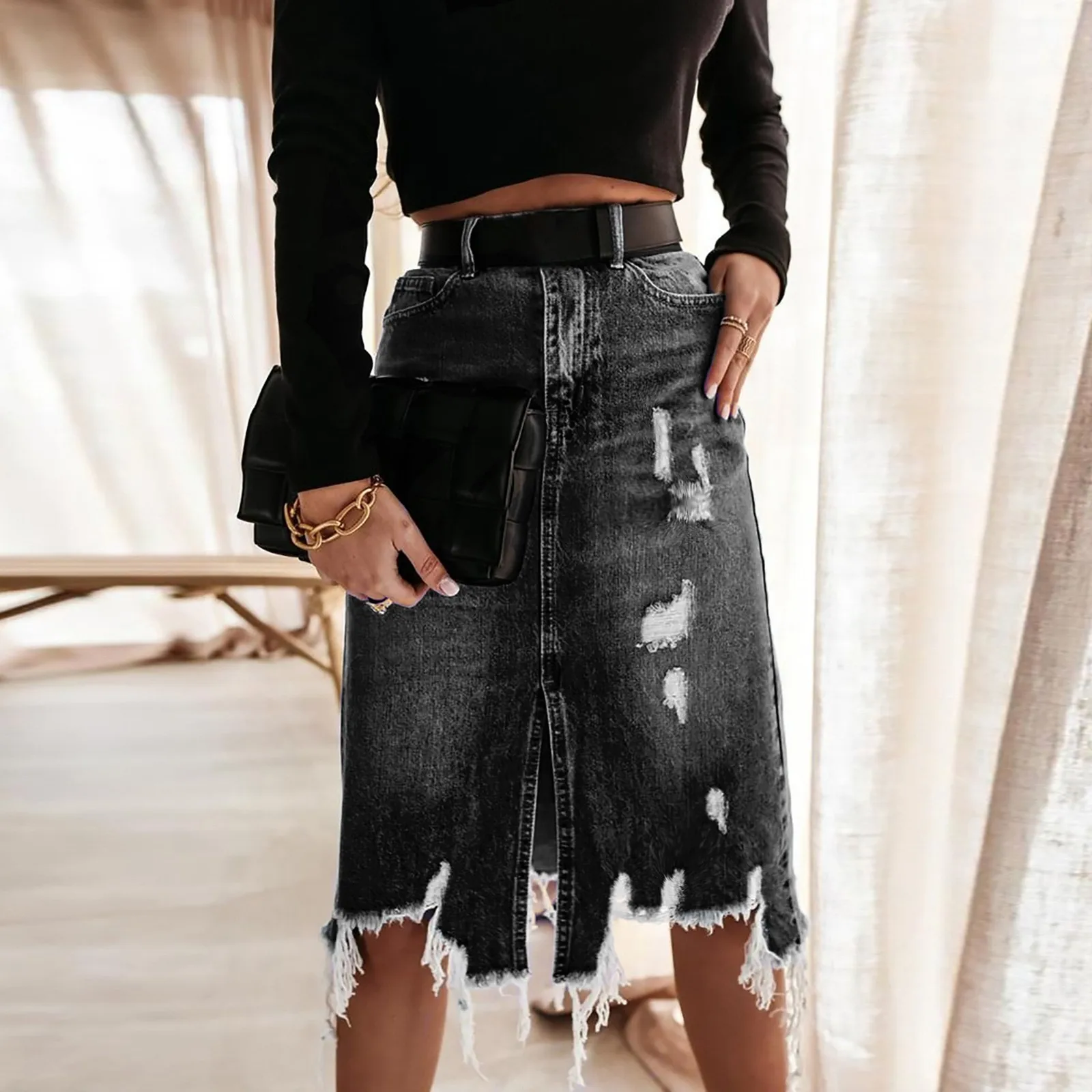 Casual Knee Length Denim Skirt Women 2024 New High Waist Slit Ripped Beggar Midi Skirts Washed Irregular Distressed Skirt