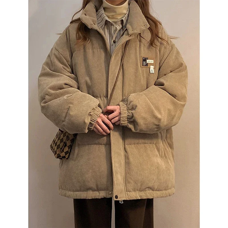 Parkas en velours côtelé pour femmes, Doudoune respirante, Streetwear d\'hiver, Doudoune optique chaude, Poches coréennes, Coton rembourré, Nouveau